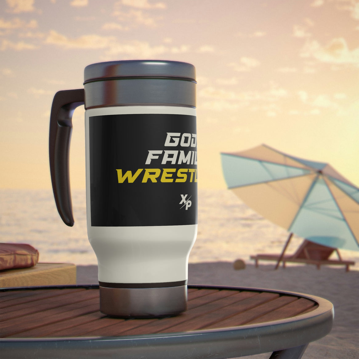 God, Family, Wrestling Stainless Steel Travel Mug with Handle, 14oz by XPA Gear