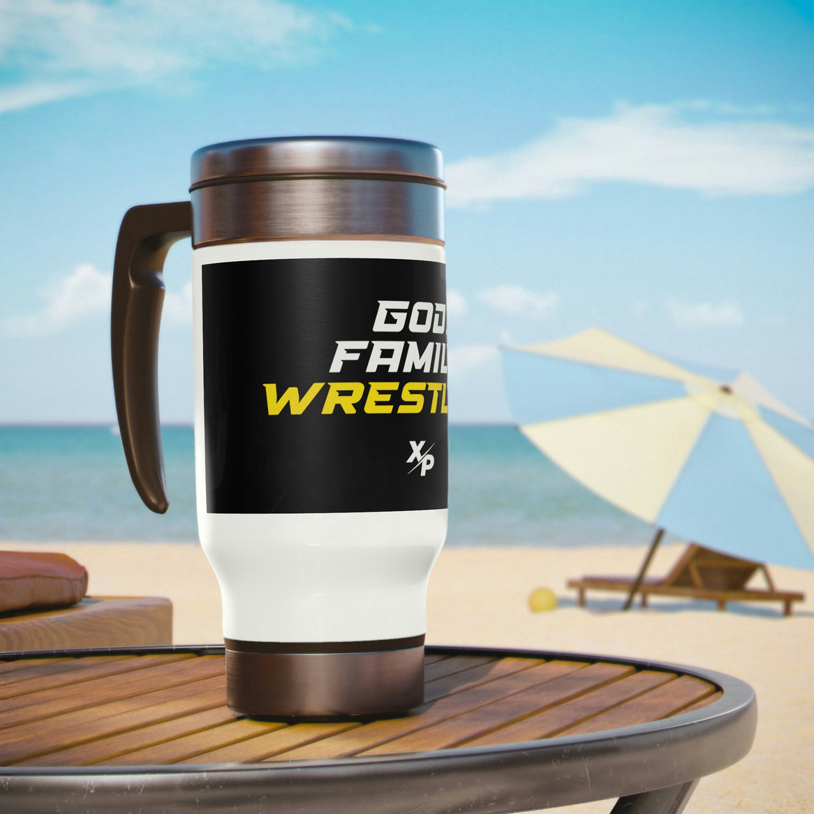 God, Family, Wrestling Stainless Steel Travel Mug with Handle, 14oz by XPA Gear