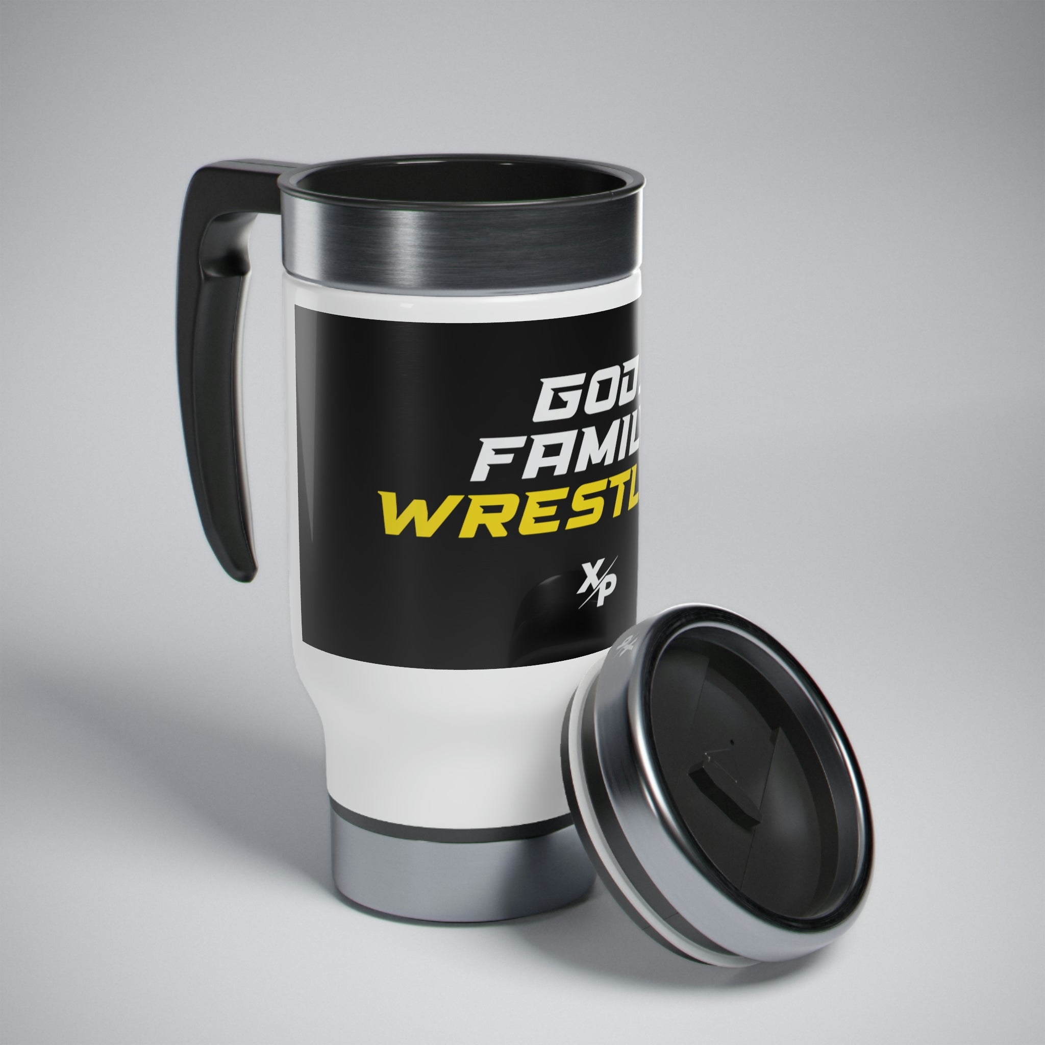 God, Family, Wrestling Stainless Steel Travel Mug with Handle, 14oz by XPA Gear