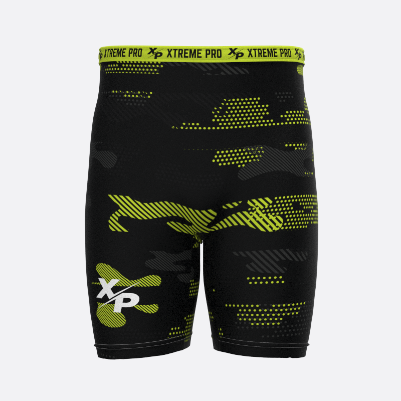 Midnight Camo Compression Shorts in Neon Yellow Xtreme Pro Apparel