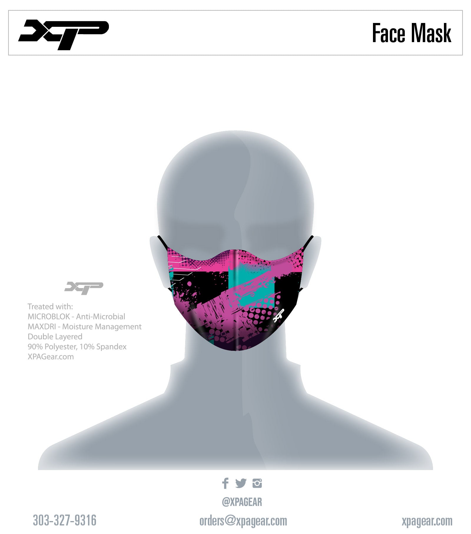Sublimated Antimicrobial Face Mask in Pink-Black-Teal - In Stock Xtreme Pro Apparel