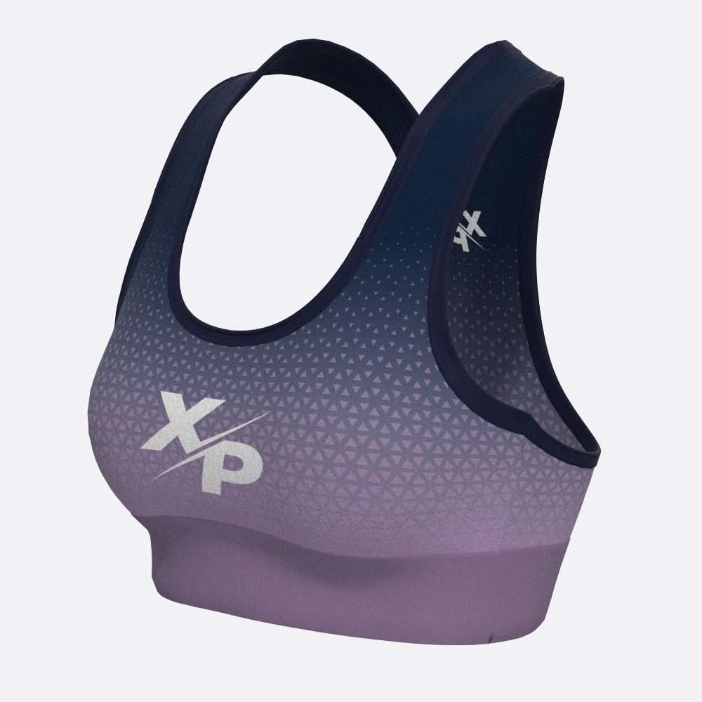 Geo Fade XP Logo Sports Bra in Purple Xtreme Pro Apparel