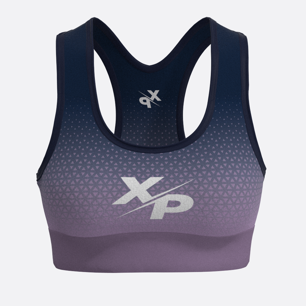 Geo Fade XP Logo Sports Bra in Purple Xtreme Pro Apparel