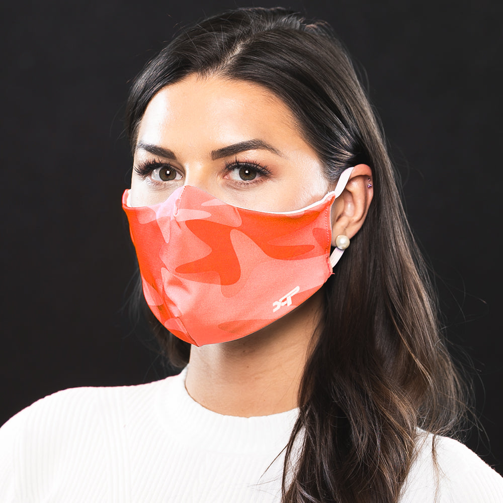 Sublimated Antimicrobial Face Mask in Neon Coral Camo - In Stock Xtreme Pro Apparel