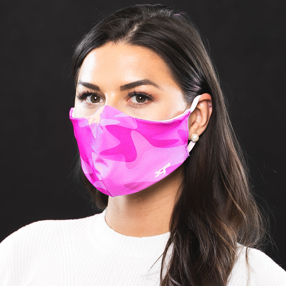Sublimated Antimicrobial Face Mask in Neon Pink Camo - In Stock Xtreme Pro Apparel