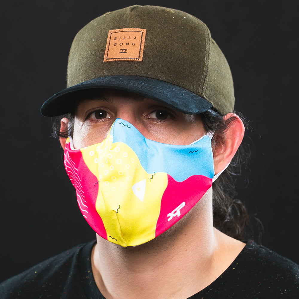 Sublimated Antimicrobial Face Mask in Red-Teal-Yellow - In Stock Xtreme Pro Apparel