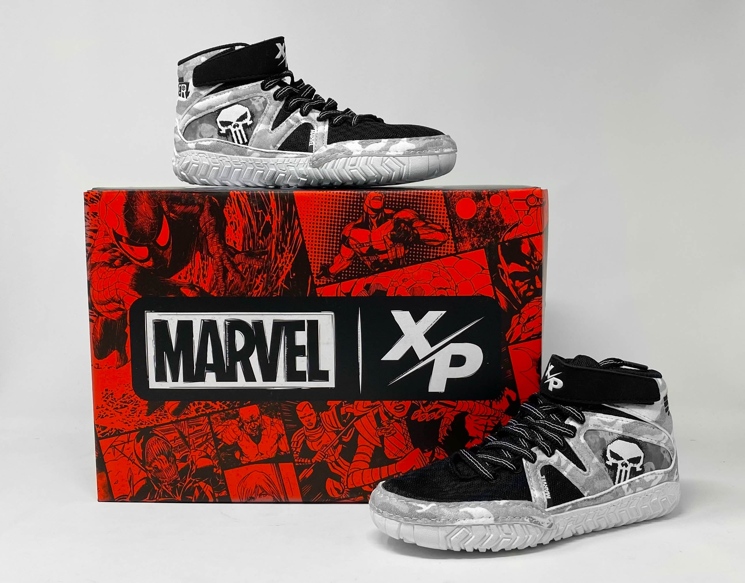 Youth MARVEL Punisher King Spec 2.0 Wrestling Shoes In Black & White Xtreme Pro Apparel