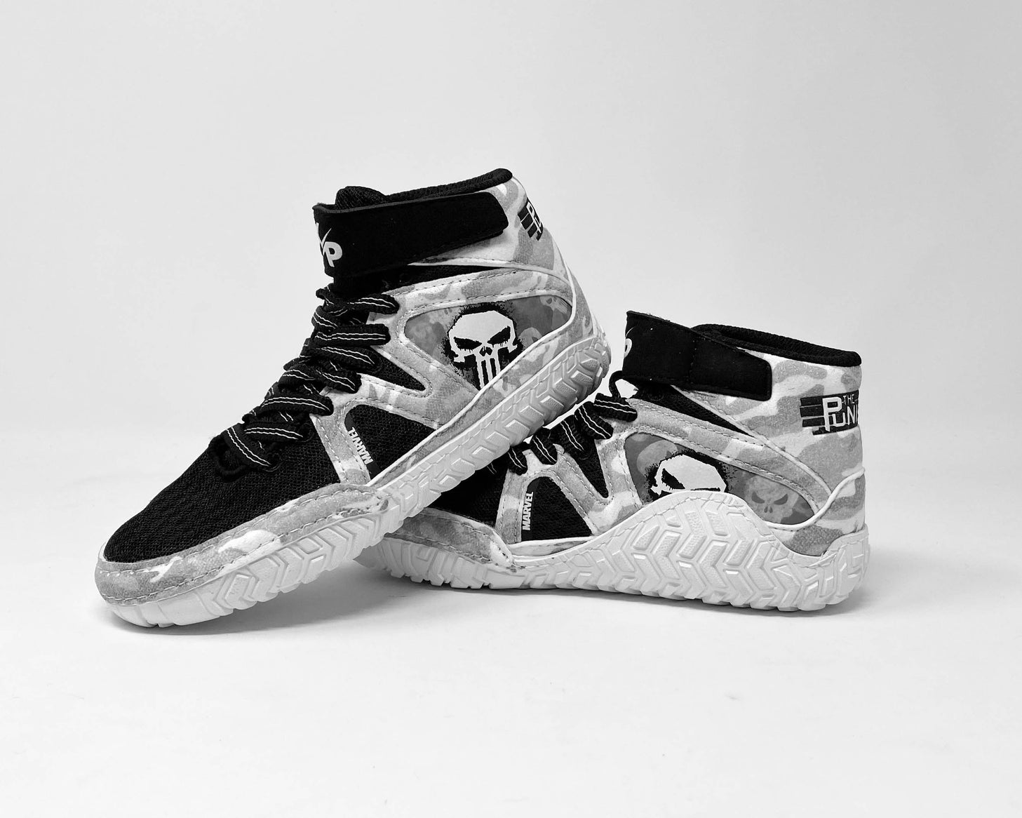 Youth MARVEL Punisher King Spec 2.0 Wrestling Shoes In Black & White Xtreme Pro Apparel