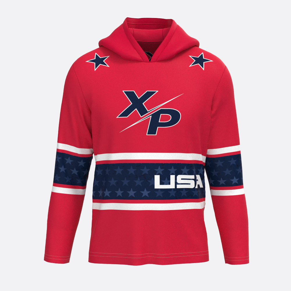 Nationals Fully Sublimated Long Sleeve Dry Fit With Hood in Red Xtreme Pro Apparel