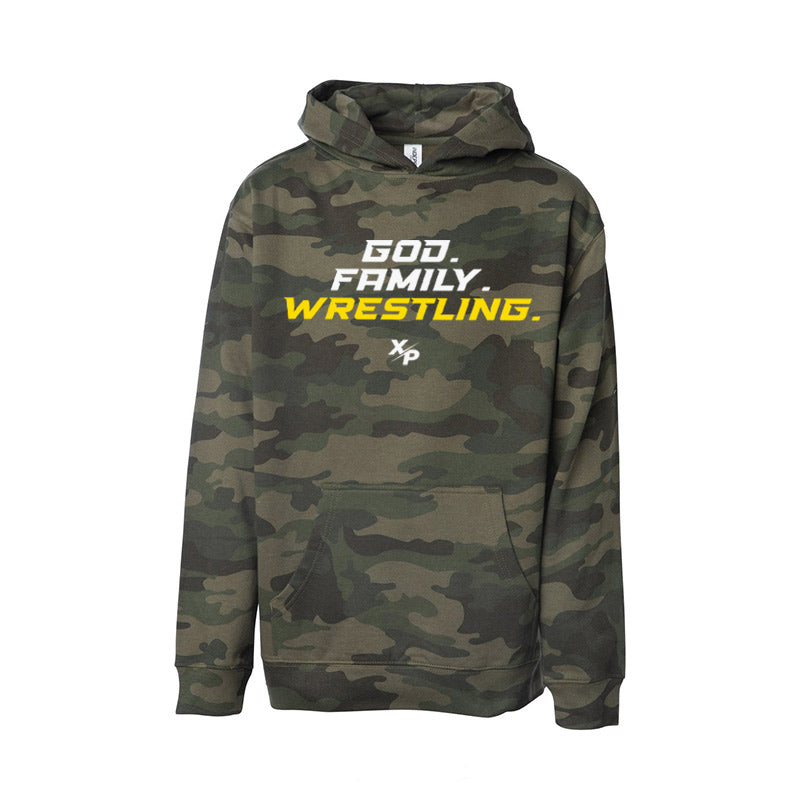God. Family. Wrestling. Soft Hoodie in Green Camo Xtreme Pro Apparel