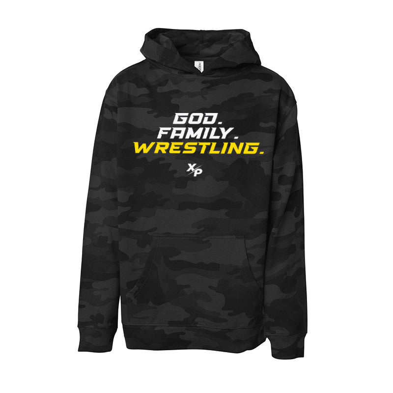 God. Family. Wrestling. Soft Hoodie in Black Camo Xtreme Pro Apparel